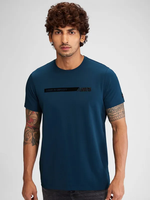 SPYKAR printed cotton teal blue t-shirt