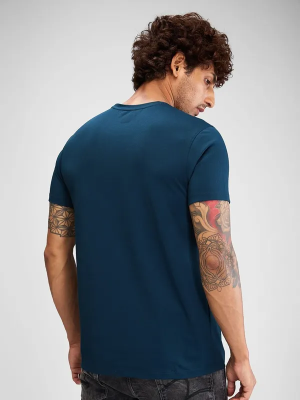SPYKAR printed cotton teal blue t-shirt