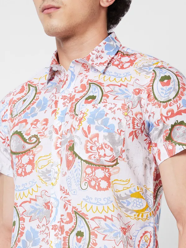 SPYKAR printed cotton white and pink shirt