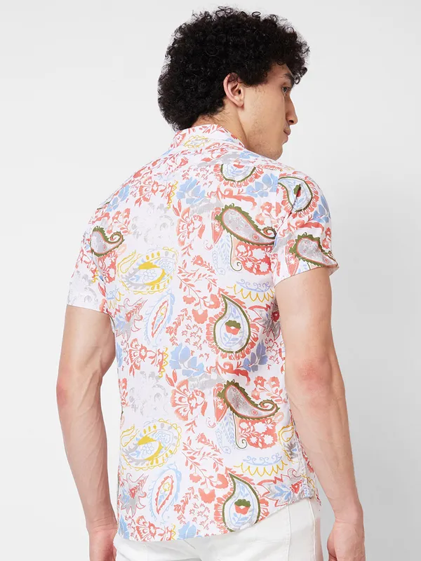 SPYKAR printed cotton white and pink shirt
