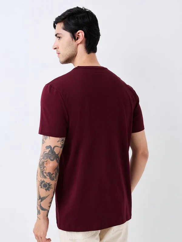 SPYKAR printed maroon cotton slim fit t-shirt