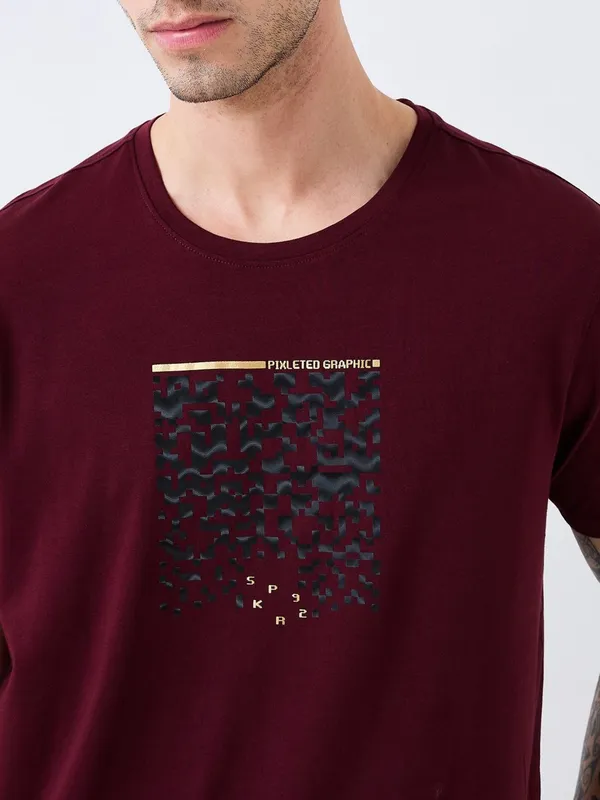 SPYKAR printed maroon cotton slim fit t-shirt