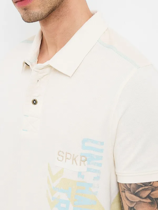 SPYKAR printed off-white slim fit polo t-shirt for men