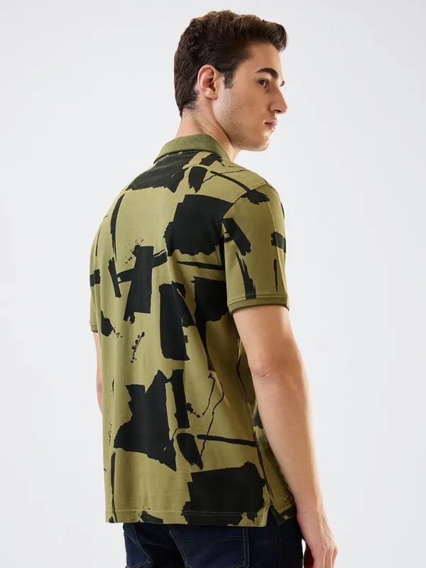 SPYKAR printed olive slim fit polo t-shirt