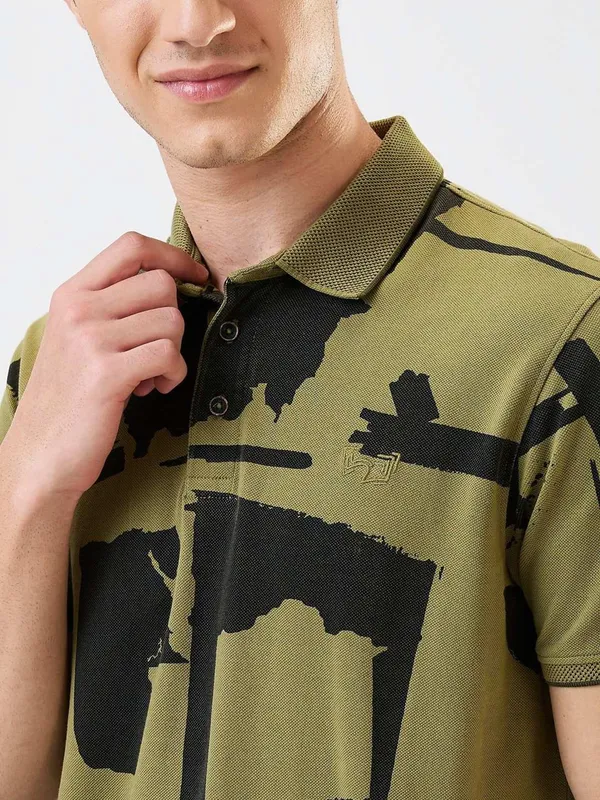 SPYKAR printed olive slim fit polo t-shirt
