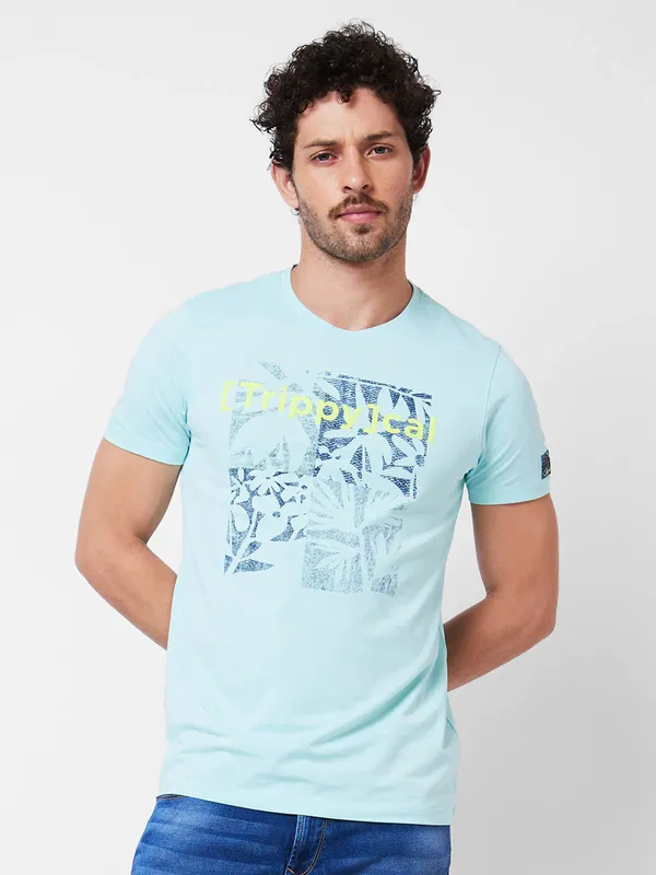SPYKAR printed sky blue cotton t-shirt