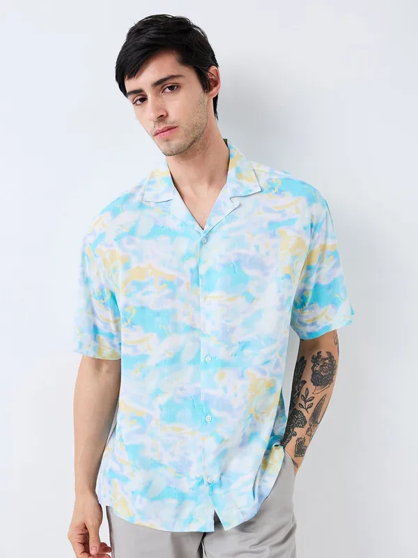 SPYKAR printed sky blue notch lapel collar shirt