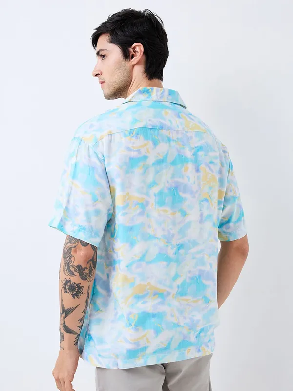 SPYKAR printed sky blue notch lapel collar shirt