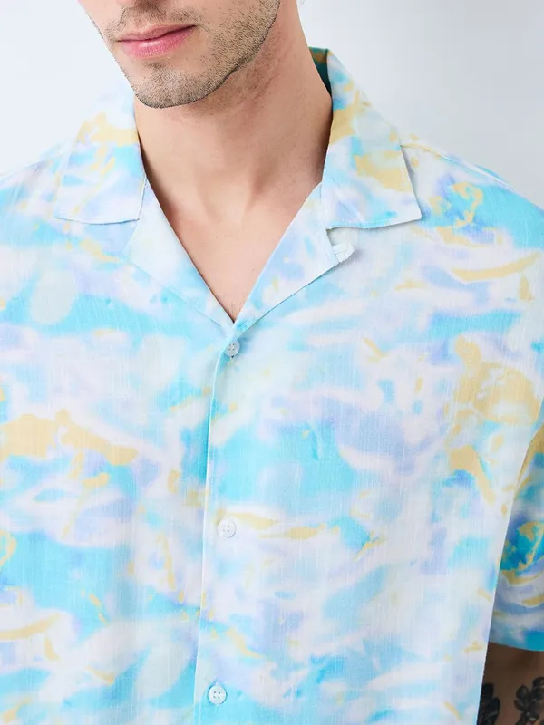 SPYKAR printed sky blue notch lapel collar shirt