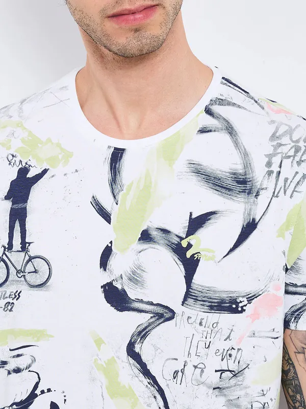 SPYKAR printed white cotton t-shirt for men
