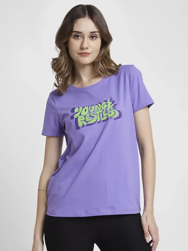 Spykar purple cotton printed t shirt