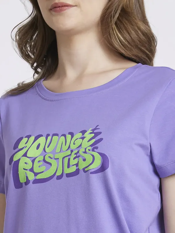 Spykar purple cotton printed t shirt