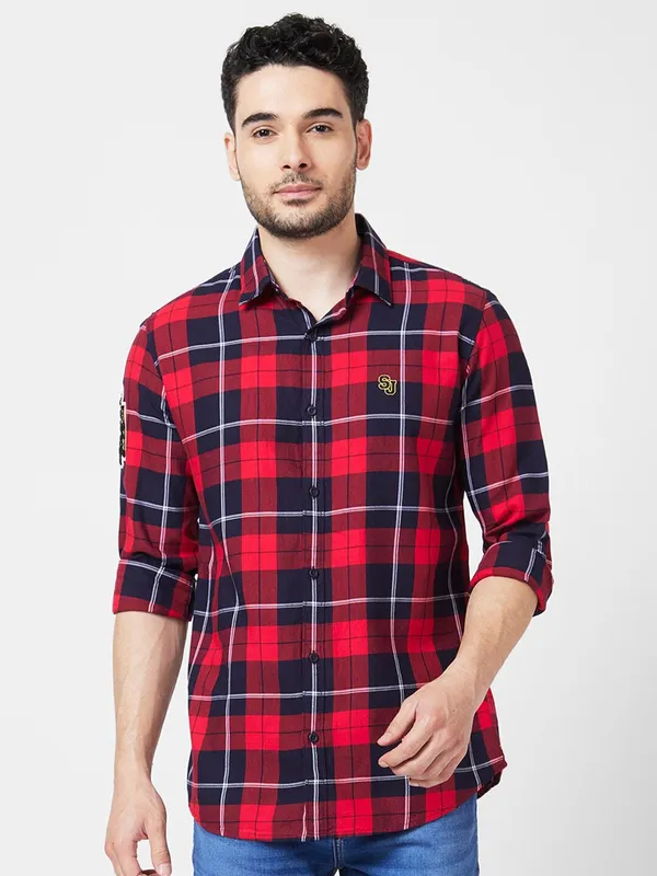 Spykar red and black checks cotton shirt