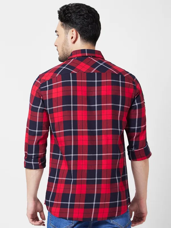 Spykar red and black checks cotton shirt