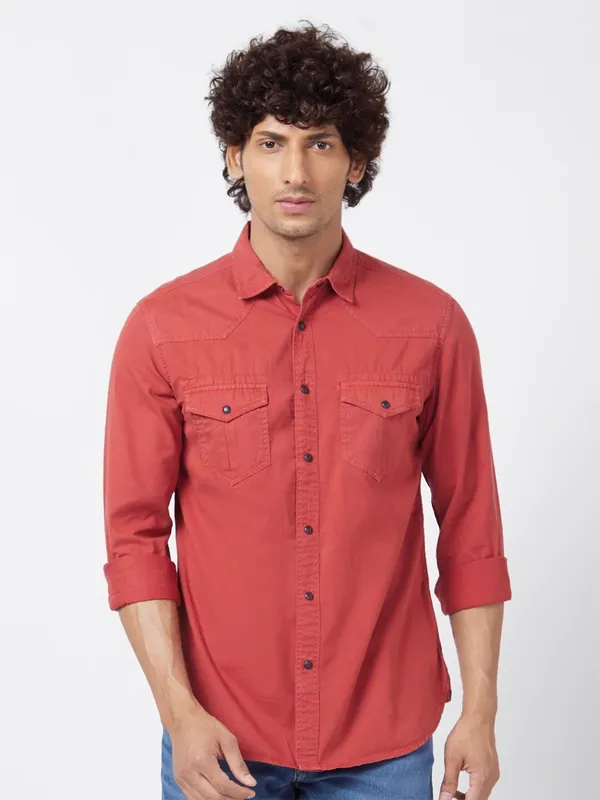 Spykar rust orange denim plain shirt