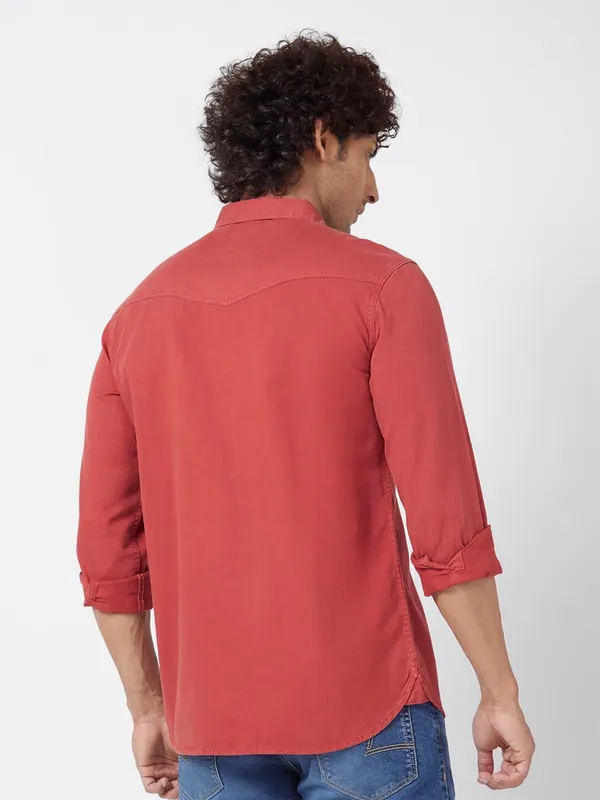Spykar rust orange denim plain shirt