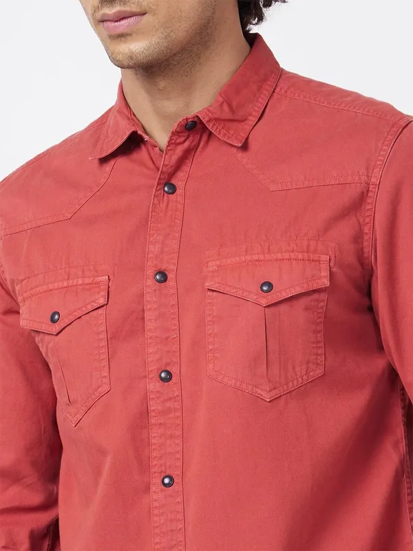 Spykar rust orange denim plain shirt