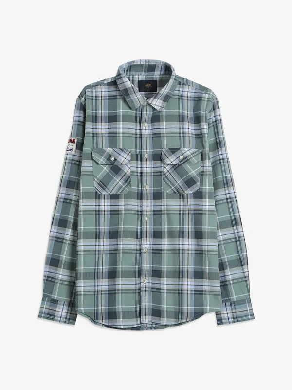 Spykar sage green checks cotton shirt