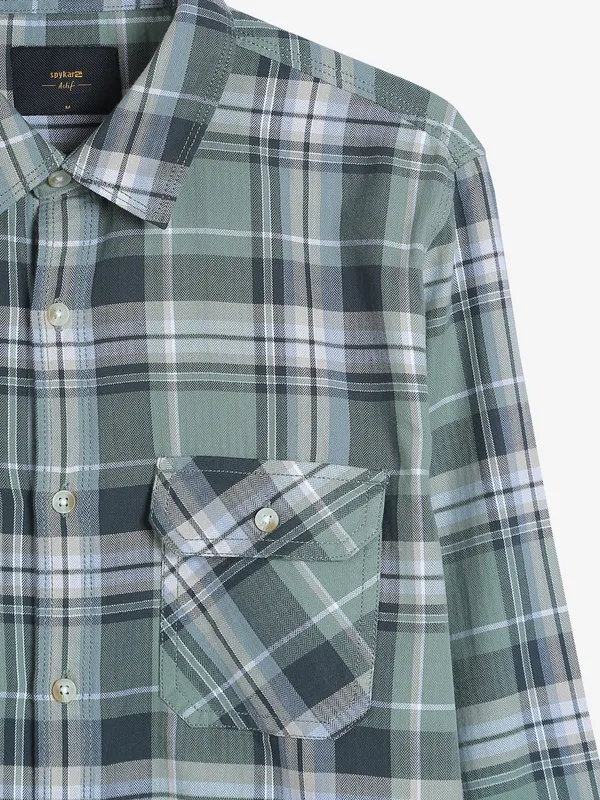Spykar sage green checks cotton shirt