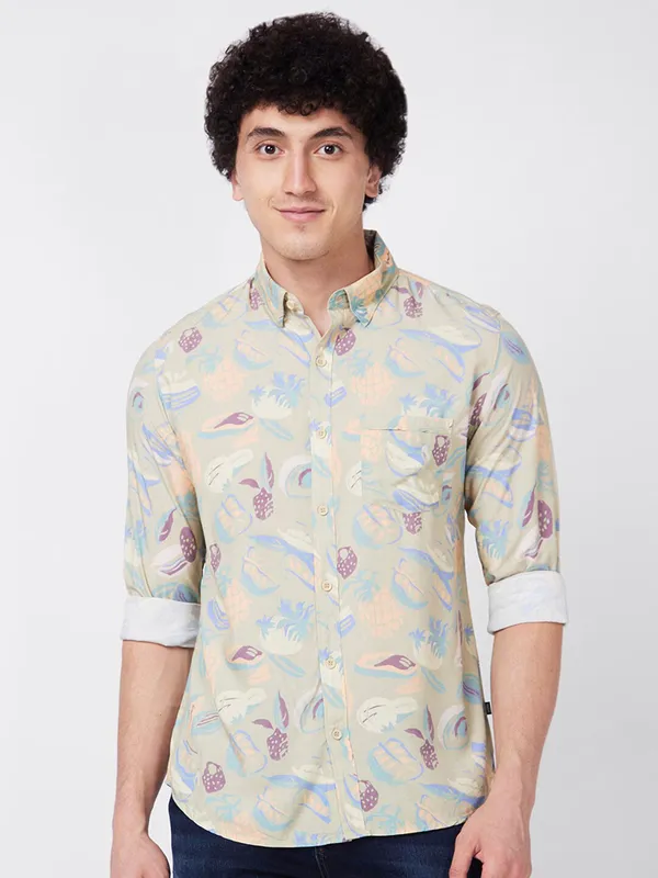 SPYKAR sage green cotton printed shirt