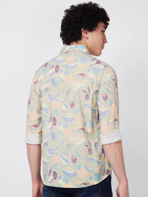 SPYKAR sage green cotton printed shirt