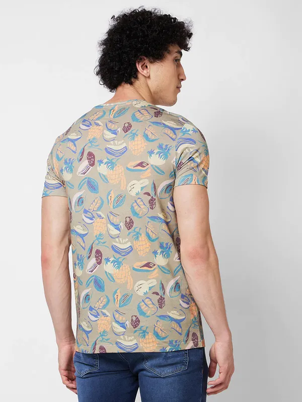 SPYKAR sage green cotton printed t-shirt