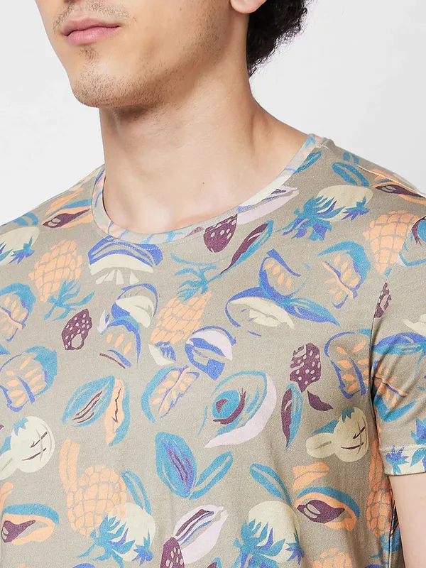 SPYKAR sage green cotton printed t-shirt