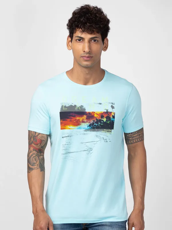 Spykar sea blue cotton printed t shirt