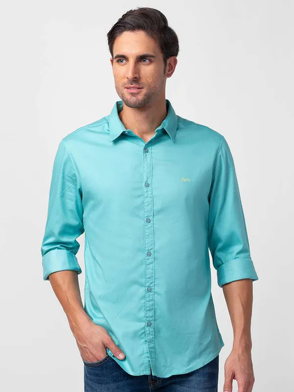 Spykar sea blue plain cotton shirt