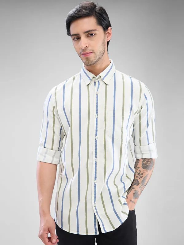 SPYKAR sky and olive striped cotton casual shirt