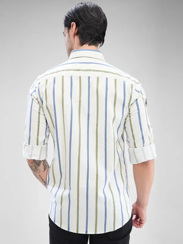 SPYKAR sky and olive striped cotton casual shirt