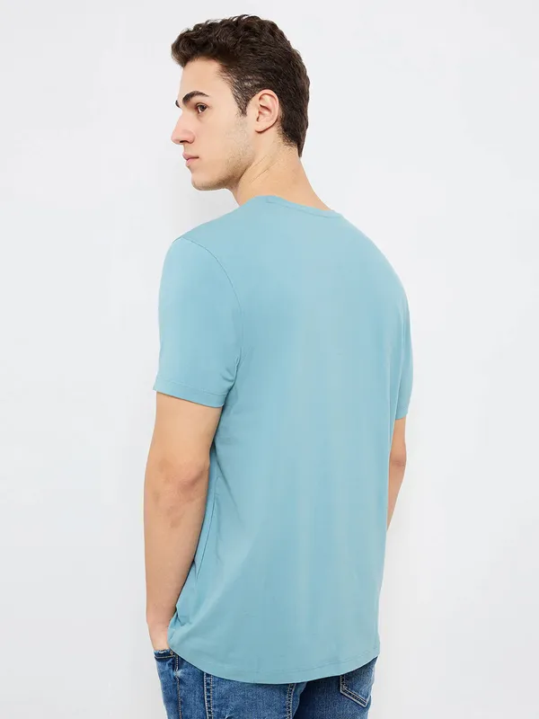 SPYKAR sky blue printed cotton t-shirt