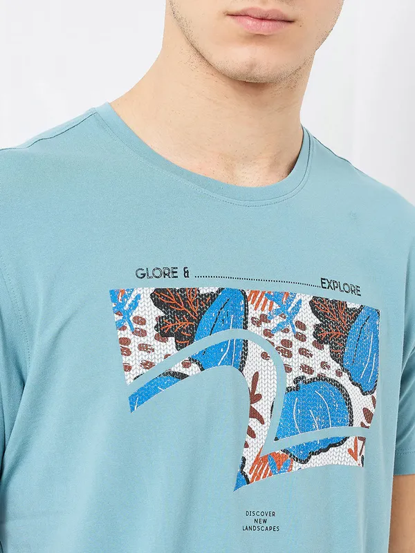 SPYKAR sky blue printed cotton t-shirt