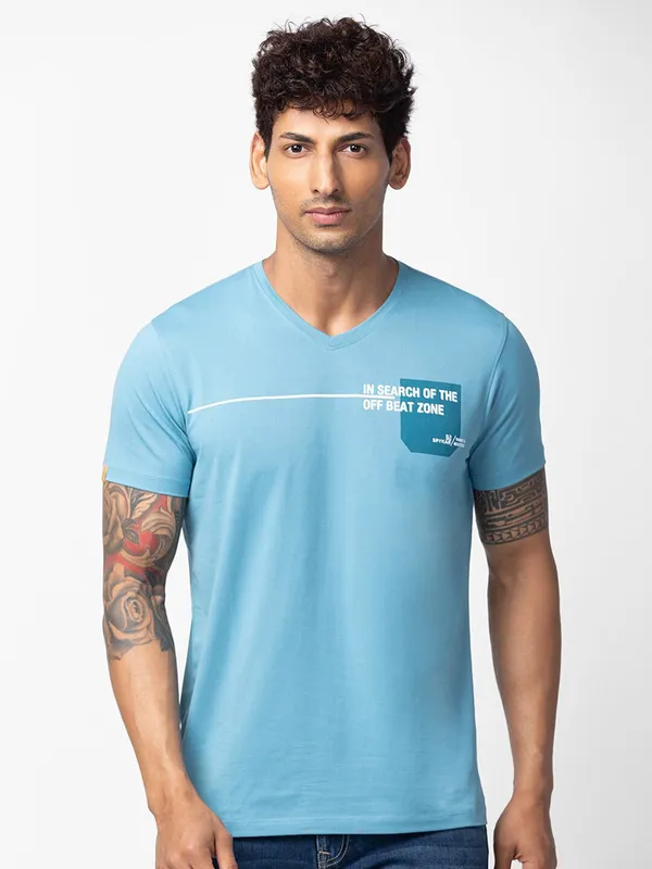 Spykar sky blue printed t shirt
