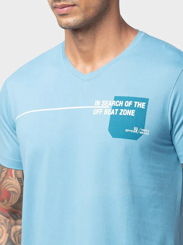 Spykar sky blue printed t shirt