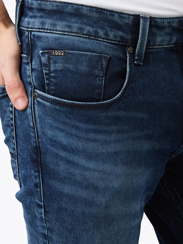 SPYKAR slim fit washed dark blue denim for men