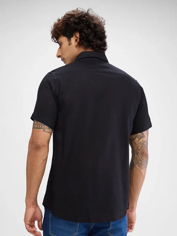 SPYKAR solid black linen casual shirt