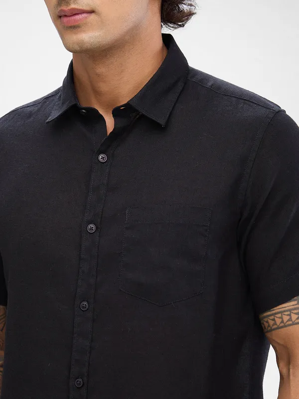 SPYKAR solid black linen casual shirt