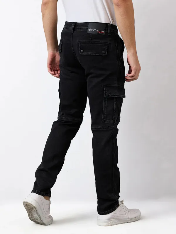 SPYKAR solid black slim fit cargo denim for men