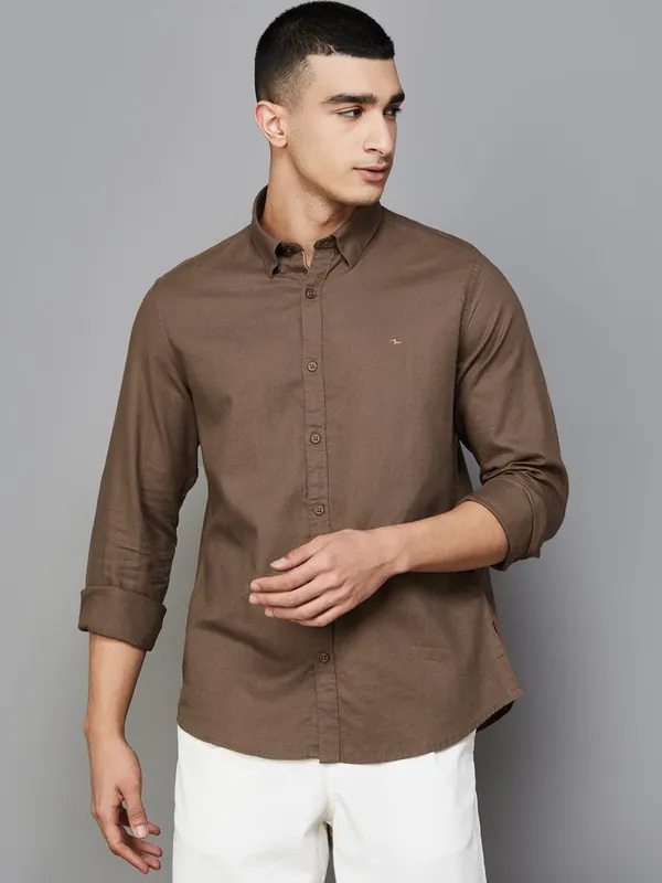 SPYKAR solid brown cotton shirt