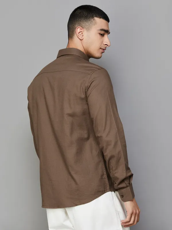 SPYKAR solid brown cotton shirt