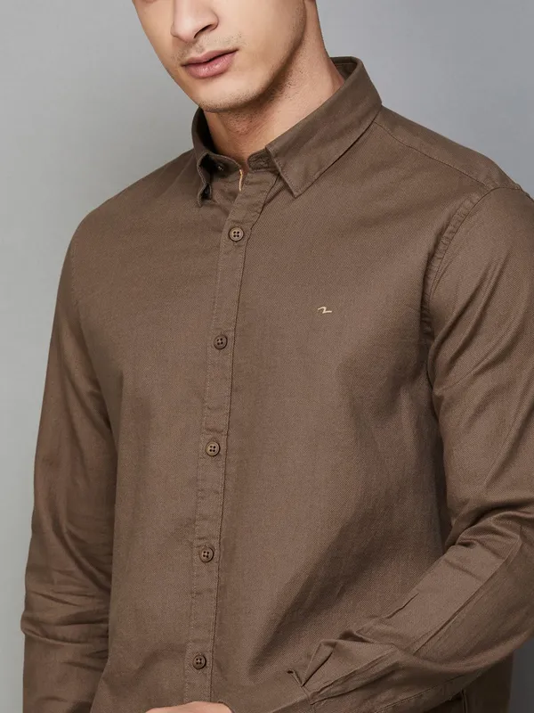 SPYKAR solid brown cotton shirt