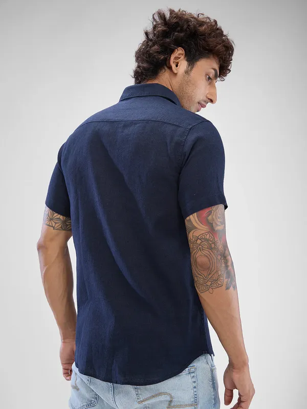 SPYKAR solid navy linen casual shirt
