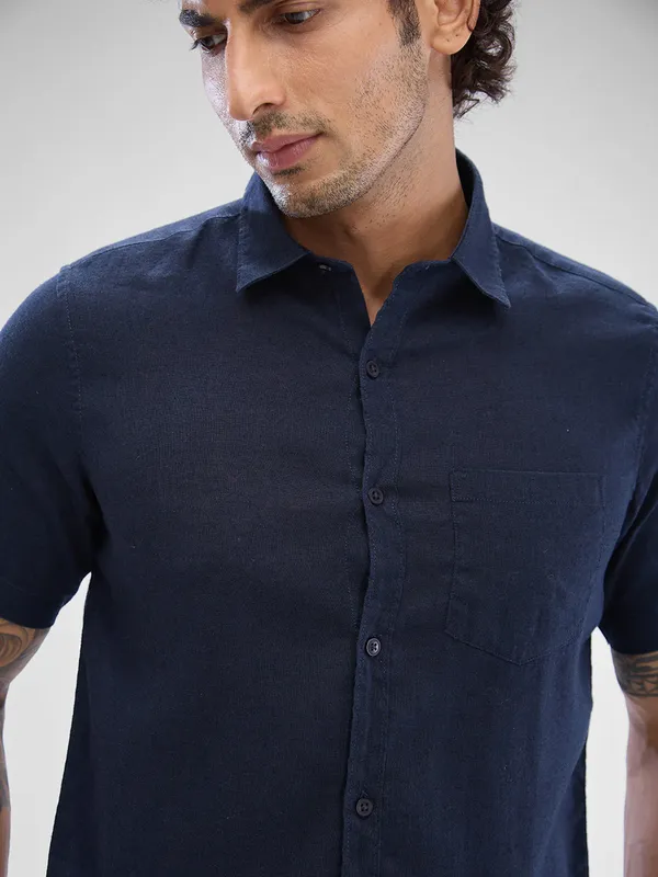 SPYKAR solid navy linen casual shirt
