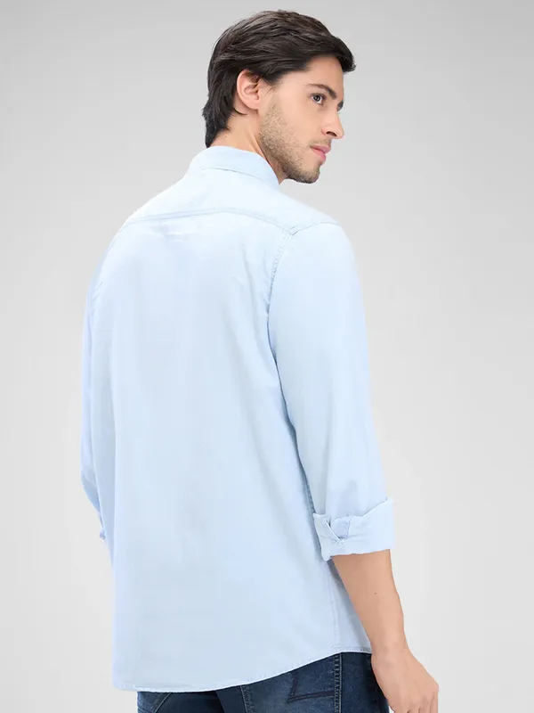 SPYKAR solid sky cotton shirt with 2 pockets