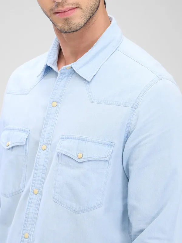 SPYKAR solid sky cotton shirt with 2 pockets