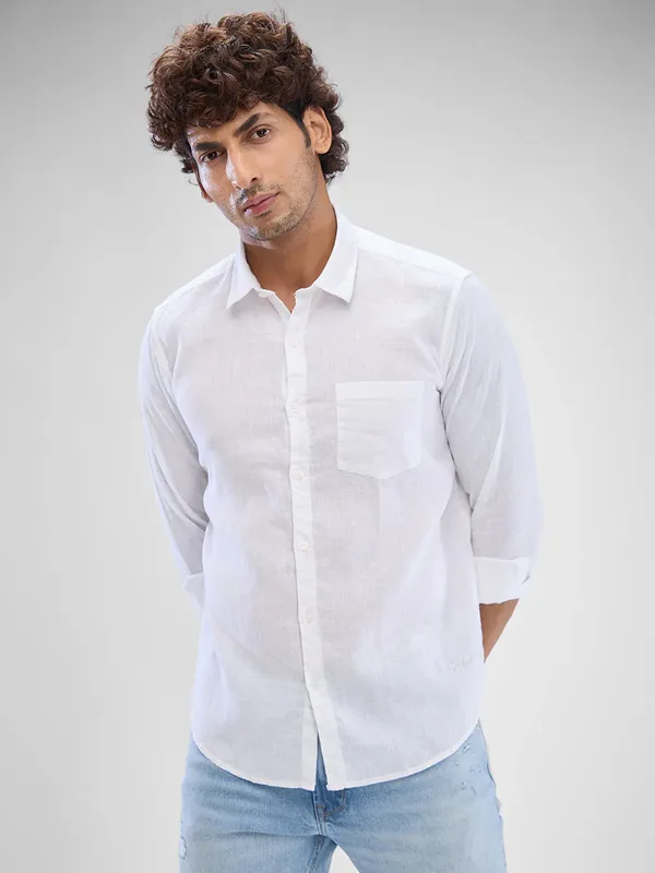 SPYKAR solid white linen casual shirt