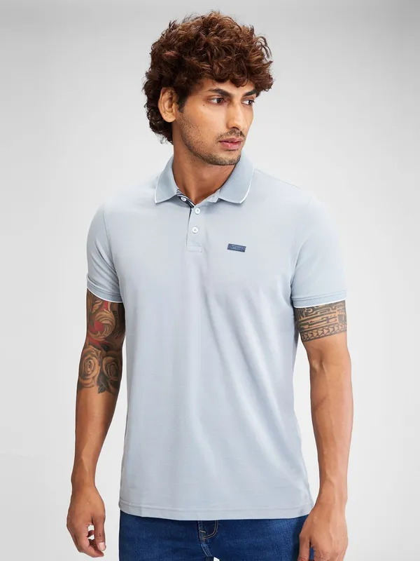 SPYKAR stone blue slim fit cotton t-shirt for men