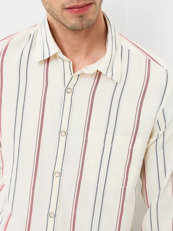 SPYKAR striped beige slim fit cotton mens shirt