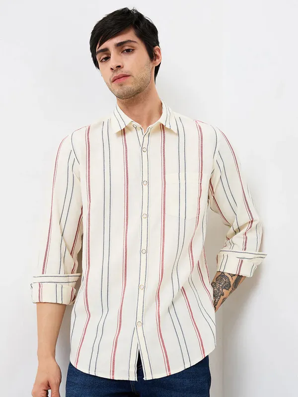 SPYKAR striped beige slim fit cotton mens shirt